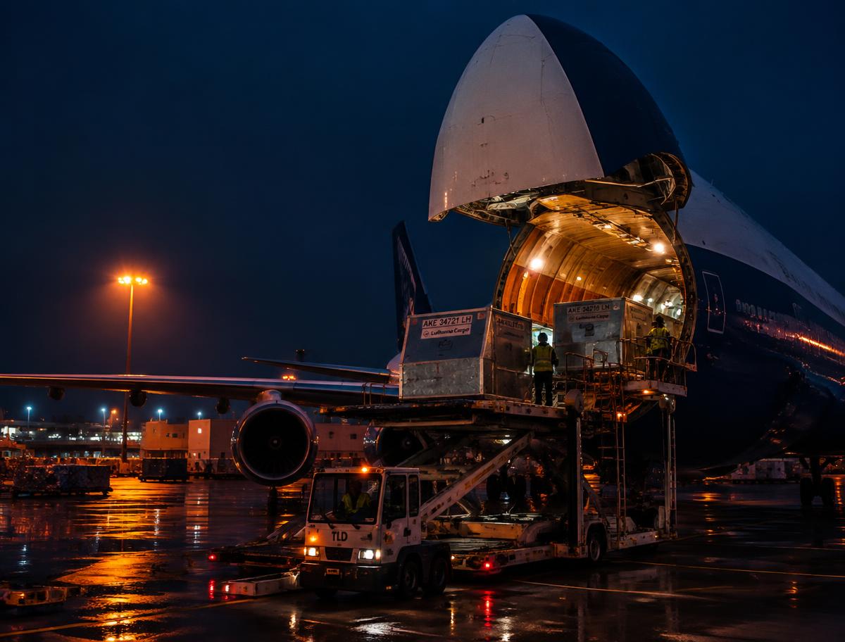 Cargo aircraft being loaded with air-freight containers at night
