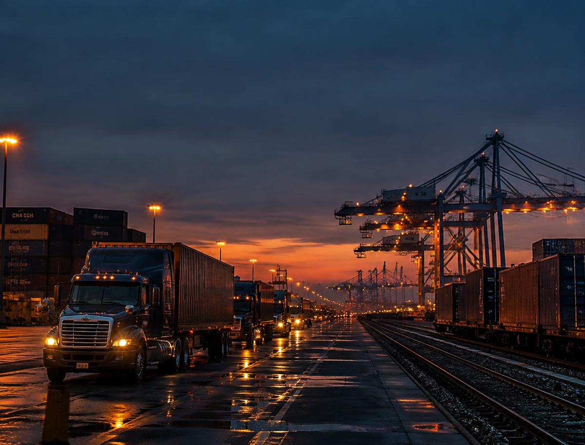Trucks, rail and port cranes at a multimodal logistics hub at dusk