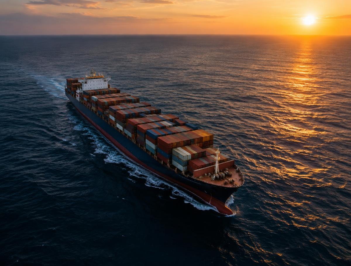 Container ship sailing across open ocean at sunset
