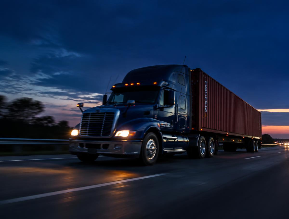 Truck hauling a shipping container on a highway at dusk