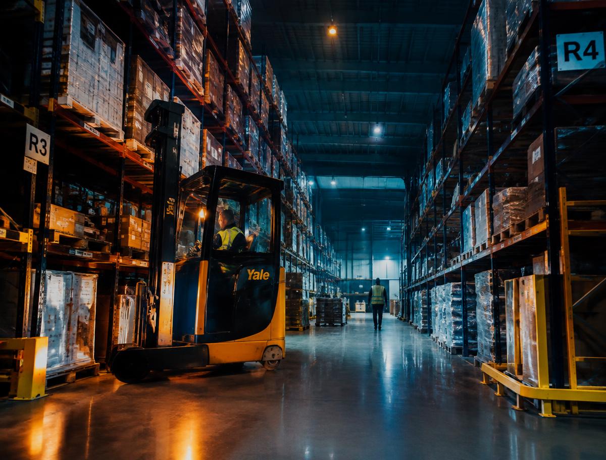 Modern logistics warehouse with pallet racking and a forklift